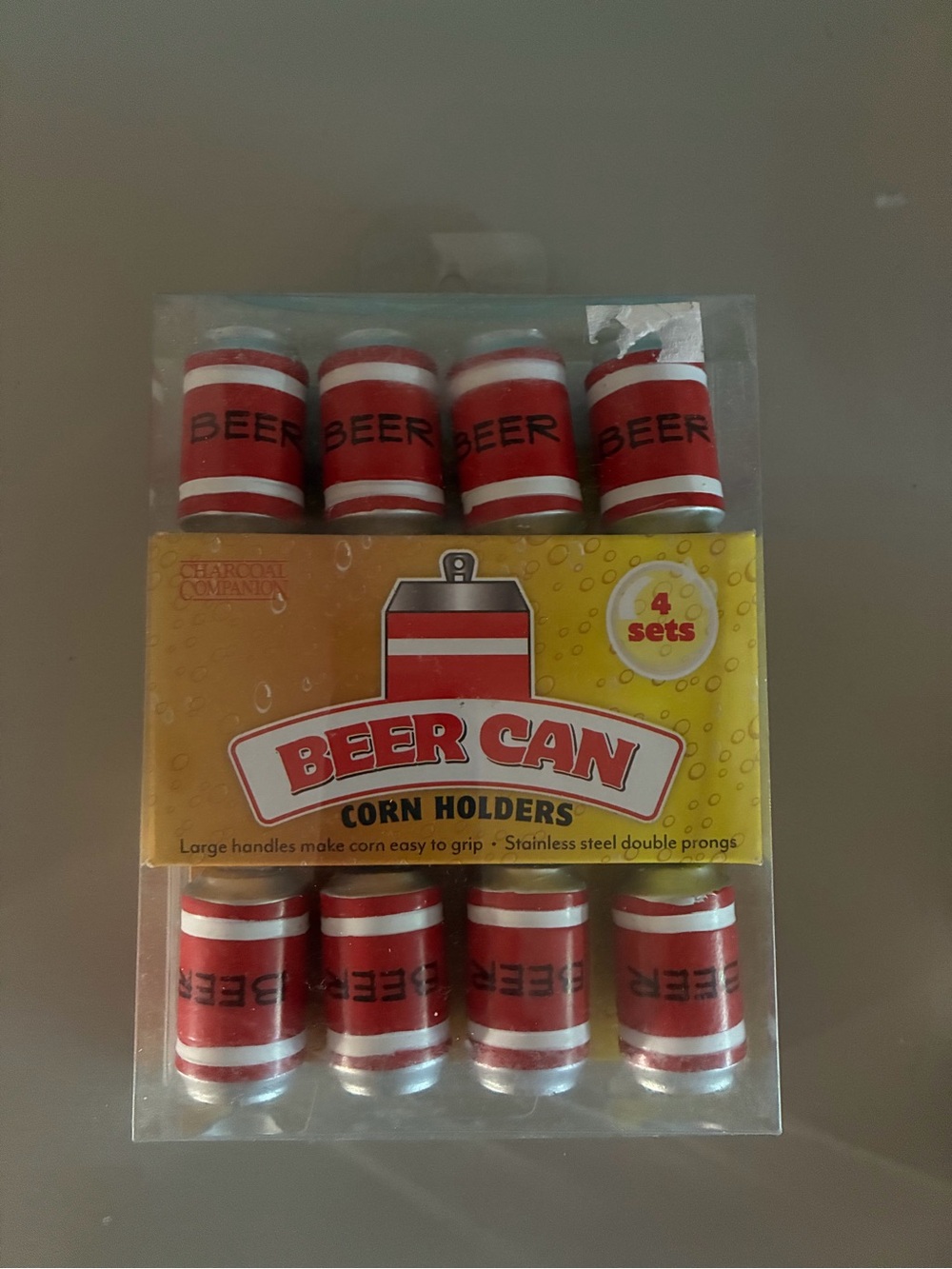 BEER CAN corn holders set of 4 STAINLESS STEEL DOUBLE PRONGS NIB